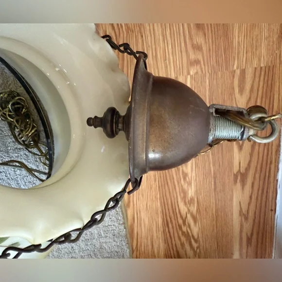 Vintage Swag Hanging Lamp Milk Glass Globe Light Hurricane Floral brass chain
